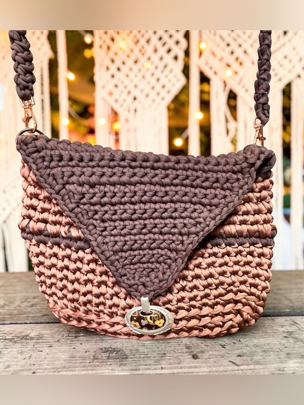 Boutique Handmade Crochet Crossbody Bag, Two Tone Earthy Neutral Boho Beauty